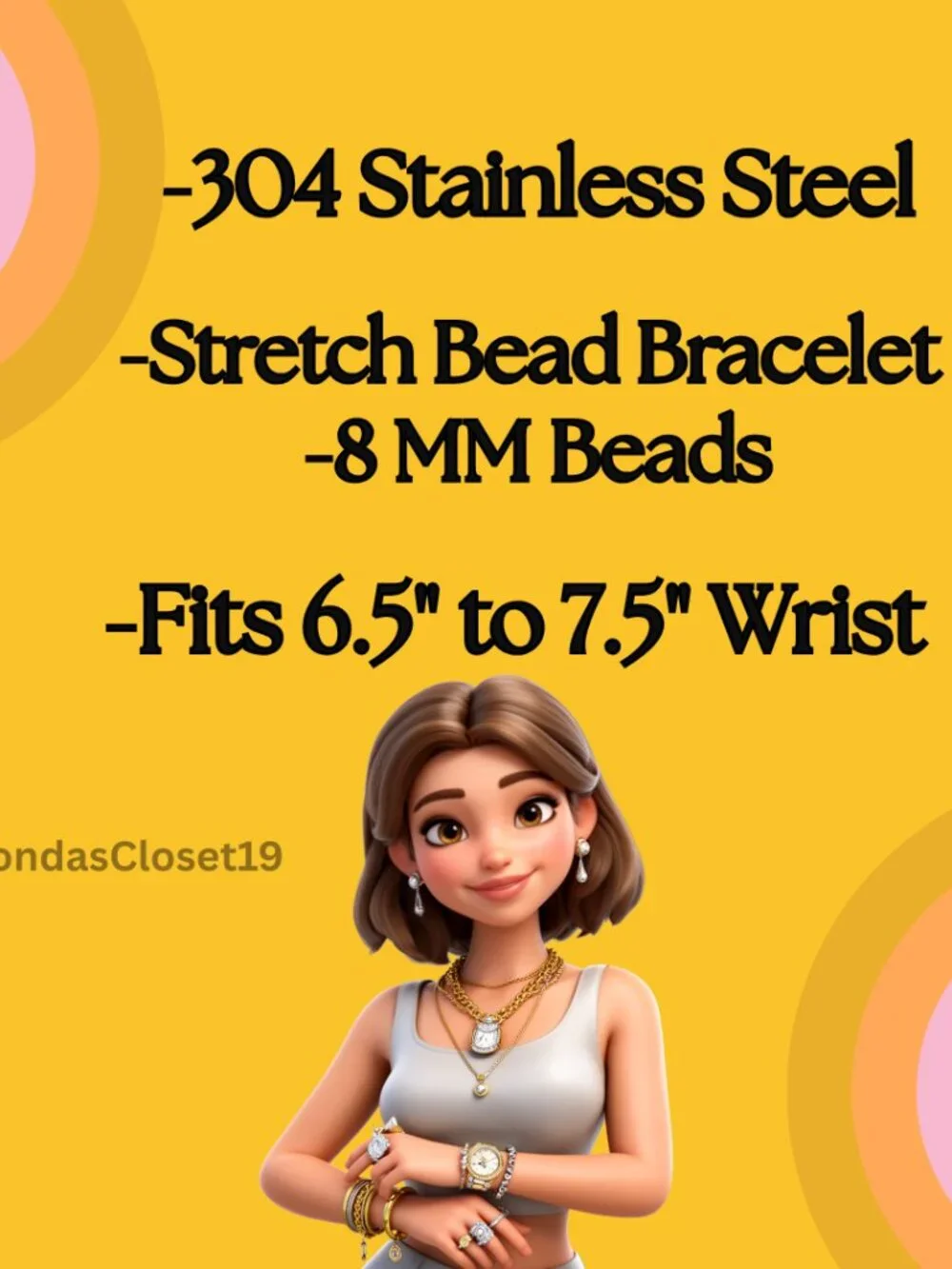 304 Stainless Steel Stretch Bead Bracelet 8MM Women Men NWT